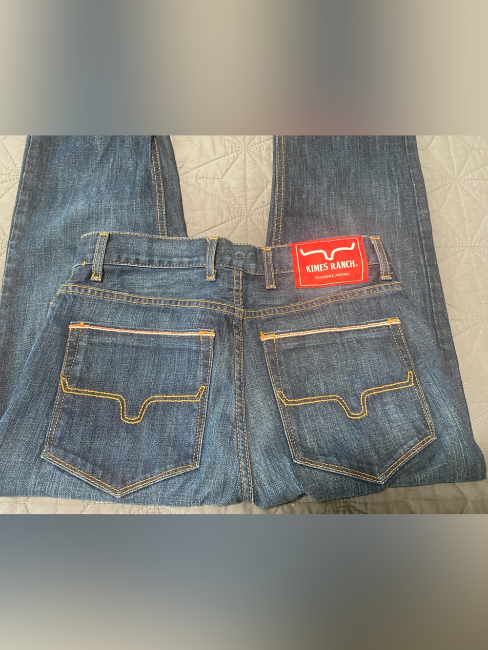 Kimes Ranch Men's Indigo Blue Slim Straight Jeans with Orange Stitching